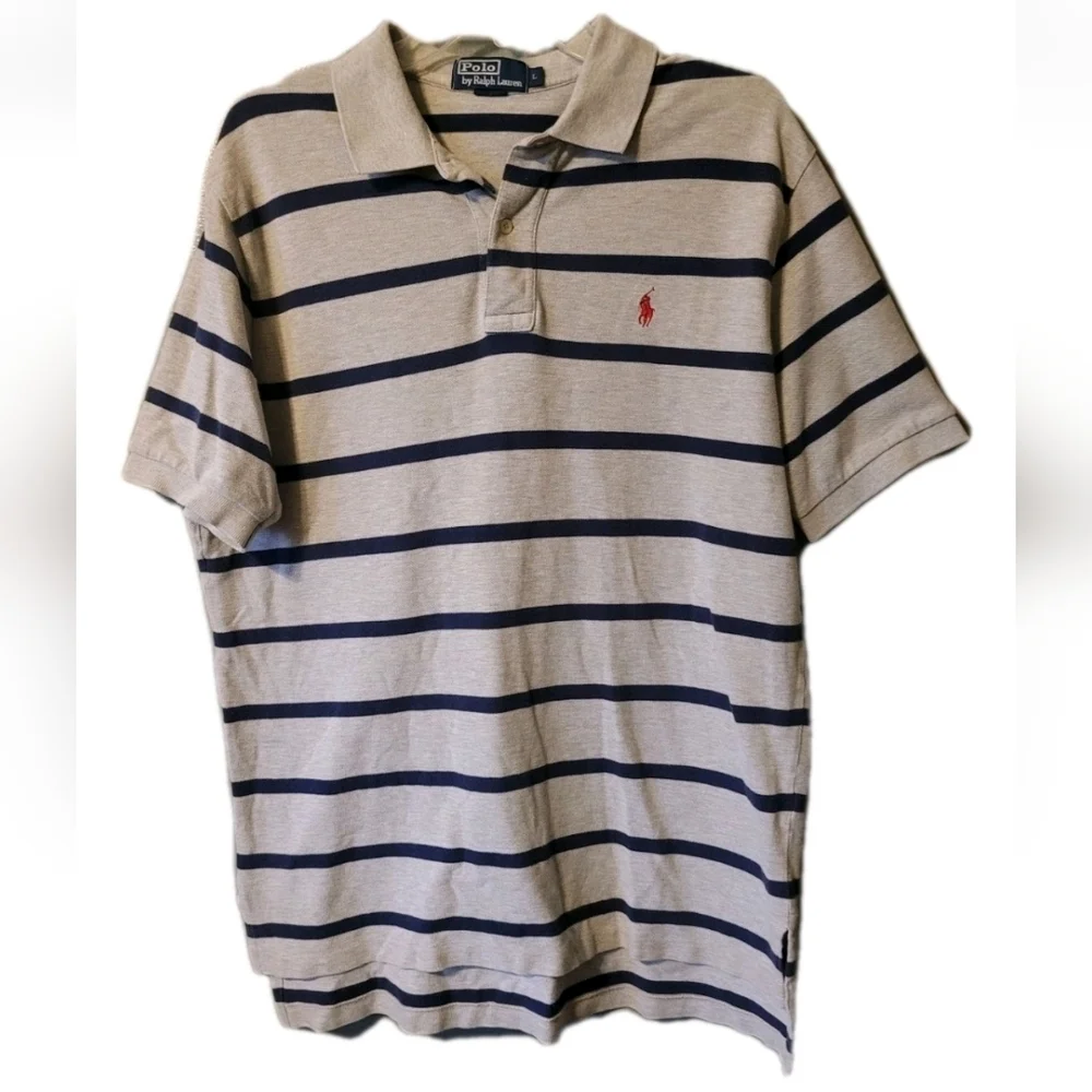 Polo Ralph Lauren Men's Shirt Large Short Sleeve Gray Navy Striped Preppy Modern